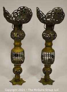 Pair of Large Brass Filigree Candlesticks Bohemian Decor, Made in Japan.  They measure approximately 22" Tall 