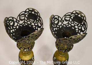 Pair of Large Brass Filigree Candlesticks Bohemian Decor, Made in Japan.  They measure approximately 22" Tall 