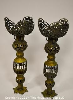 Pair of Large Brass Filigree Candlesticks Bohemian Decor, Made in Japan.  They measure approximately 22" Tall 