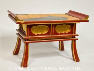 Small Red Painted Wooden Asian Stool w/ drawer.  Damage to paint.