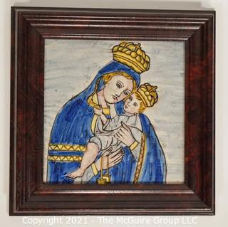 Madonna & Child Hand Painted Tile in wood frame; 10 1/2 x 10 1/2" square 