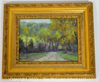 Framed Mixed Media Landscape on Canvas titled "Country Road", signed lower left by artist, Lawrence Behunek; 9 x 12"