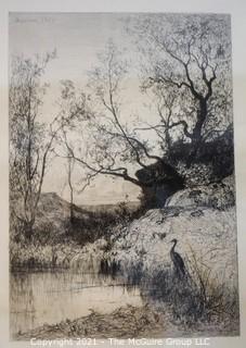 Sepia-toned Landscape Lithograph; signed and dated, framed under glass; 14 1/2 x 17 1/2"