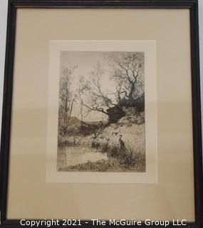 Sepia-toned Landscape Lithograph; signed and dated, framed under glass; 14 1/2 x 17 1/2"