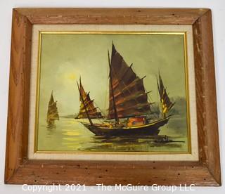 Mid Century Framed Oil on Canvas of Asian Junk Boats on Water Signed by Artist C Chan in Lower Corner.  Measures approximately 14 x 16" 