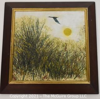 Vintage Mid Century Oil on Board Painting of Bird over Field. 