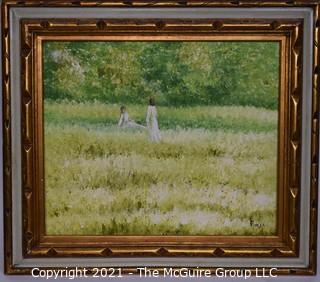 Oil on Canvas of Girls in Field Signed by Artist E. Jones in Gilt Frame.  Measures approximately 32" x 28".
