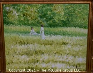 Oil on Canvas of Girls in Field Signed by Artist E. Jones in Gilt Frame.  Measures approximately 32" x 28".
