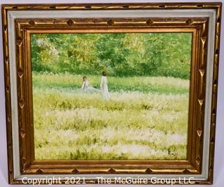 Oil on Canvas of Girls in Field Signed by Artist E. Jones in Gilt Frame.  Measures approximately 32" x 28".
