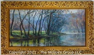 Framed Oil on Canvas Giclee Landscape, signed lower left, 13 1/2 x 24"