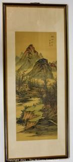 Framed Under Glass Asian Scroll Painting Depicting Mountain Scene Signed with Chop Mark.  Measures approximately 34" x 14".