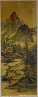 Framed Under Glass Asian Scroll Painting Depicting Mountain Scene Signed with Chop Mark.  Measures approximately 34" x 14".