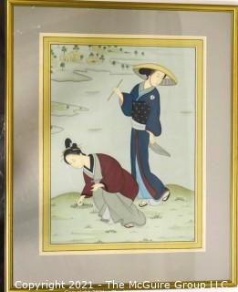 Framed Under Glass Asian Painting on Silk of Women in Rice Field.  Measures approximately 30" x 25".