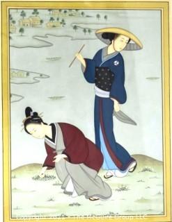 Framed Under Glass Asian Painting on Silk of Women in Rice Field.  Measures approximately 30" x 25".