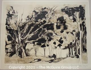 Framed under glass, numbered (19/25) lithograph titled "Armand's Bayou Trail, Houston, Texas; pencil signed by artist Rosanne Frazier; 19 x 23"