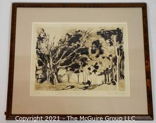 Framed under glass, numbered (19/25) lithograph titled "Armand's Bayou Trail, Houston, Texas; pencil signed by artist Rosanne Frazier; 19 x 23"