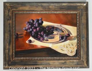 Framed Oil on Canvas titled "Concord Grapes with Belgium Lace" by artist Chas Fagan, signed lower left; 18 1/2"W x 15"T