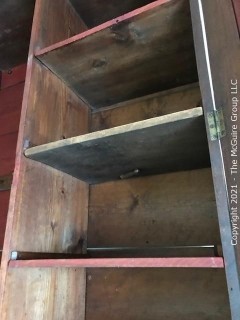 Two piece armoire with original hardware. (Note the repurposed stenciled wood). 45 1/2" W x 20"D x 81"T 