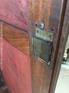 Two piece armoire with original hardware. (Note the repurposed stenciled wood). 45 1/2" W x 20"D x 81"T 