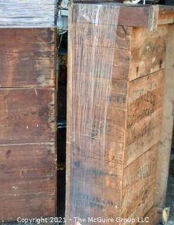 Two piece armoire with original hardware. (Note the repurposed stenciled wood). 45 1/2" W x 20"D x 81"T 