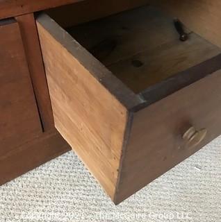 Two piece armoire with original hardware. (Note the repurposed stenciled wood). 45 1/2" W x 20"D x 81"T 