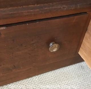 Two piece armoire with original hardware. (Note the repurposed stenciled wood). 45 1/2" W x 20"D x 81"T 