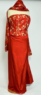 Red Embroidered Sleeveless Raw Silk Evening Dress with Matching Wrap.
