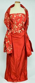 Red Embroidered Sleeveless Raw Silk Evening Dress with Matching Wrap.
