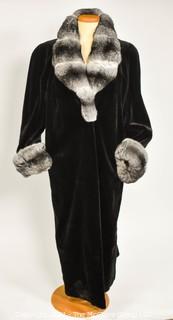 Birger Christensen Women's Black Beaver Fur Coat with Black & Grey Chinchilla Collar & Trim.