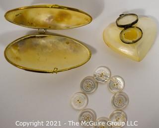 Three (3) Mother of Pearl Items.  Two Trinket Boxes with Brass Trim and Group of MOP Buttons with Asian Decorative Carving.
