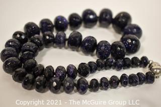 Rough Cut Blue Goldstone Knotted Bead Necklace 