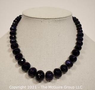 Rough Cut Blue Goldstone Knotted Bead Necklace 