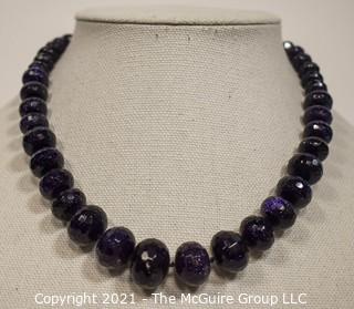 Rough Cut Blue Goldstone Knotted Bead Necklace 