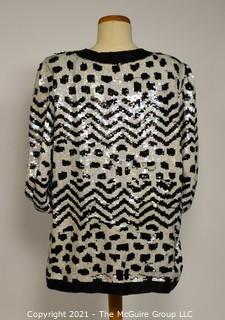 Vintage Patra Sequined & Beaded Black And White 100% Silk Jacket, Size 12.