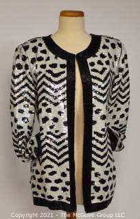 Vintage Patra Sequined & Beaded Black And White 100% Silk Jacket, Size 12.