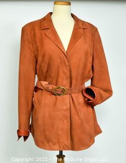 Dana Buchman Women’s Rustic Orange Suede Leather Belted Jacket with Floral Silk Lining, Size 14 