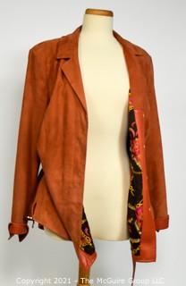 Dana Buchman Women’s Rustic Orange Suede Leather Belted Jacket with Floral Silk Lining, Size 14 