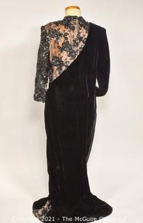 Victor Costa Black Velvet Evening Gown with Illusion Lace Dress, Saks Fifth Avenue, Size 12. 