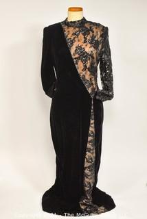 Victor Costa Black Velvet Evening Gown with Illusion Lace Dress, Saks Fifth Avenue, Size 12. 