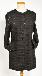 St. John Evening by Marie Gray Black Knit Jacket Top with Sequins and Tassle Closure, Size 12.
