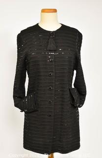 St. John Evening by Marie Gray Black Knit Jacket Top with Sequins and Tassle Closure, Size 12.
