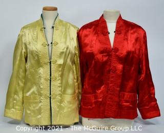 Tw0 (2) Authentic Asian Silk Satin Quilted Reversible Jackets with Floral Embroidery and Frog Closures, No Size. 