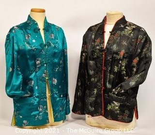 Tw0 (2) Authentic Asian Silk Satin Quilted Reversible Jackets with Floral Embroidery and Frog Closures, No Size. 