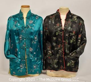 Tw0 (2) Authentic Asian Silk Satin Quilted Reversible Jackets with Floral Embroidery and Frog Closures, No Size. 