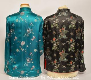 Tw0 (2) Authentic Asian Silk Satin Quilted Reversible Jackets with Floral Embroidery and Frog Closures, No Size. 