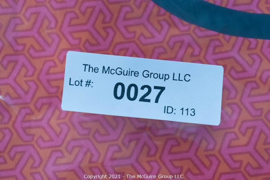 The McGuire Group LLC - Auction: 113:Session 1: Ladies Fine Jewelry, Luxe  Accessories and Designer Fashions ITEM: Tory Burch Floral Print Patent  Leather Folding Clutch with Chain Strap & Navy Blue Interior.