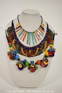 Group of (3) Bright Bead or Woven Necklaces. 
