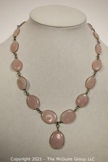 Two Piece Matching Set of Pink Quartz Gem Stones Set Metal Bezel Link Necklace & Bracelet. 