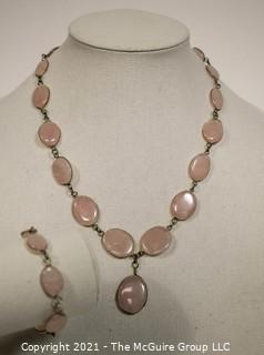 Two Piece Matching Set of Pink Quartz Gem Stones Set Metal Bezel Link Necklace & Bracelet. 