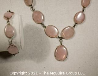 Two Piece Matching Set of Pink Quartz Gem Stones Set Metal Bezel Link Necklace & Bracelet. 